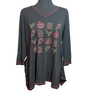 Holiday Traditions Womens Black Christmas Rhinestone Tunic 3/4 Sleeve Top Large